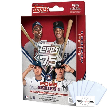 2026 Topps Series 1 Baseball MLB Hanger Box – 59 Cards with Diamante Foil Parallels, Autograph Relics & 6 Toploaders – Trading Card Gift for Collectors