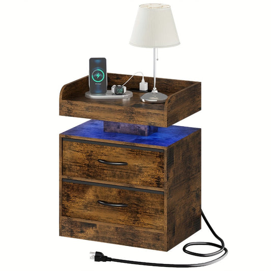 Wooden Nightstand with LED Ambient Light & Charging Station – Fabric Drawer, Blue Glow, Modern Bedside Table for Bedroom Living Room End Table, Black or White (Single or 2-Pack)