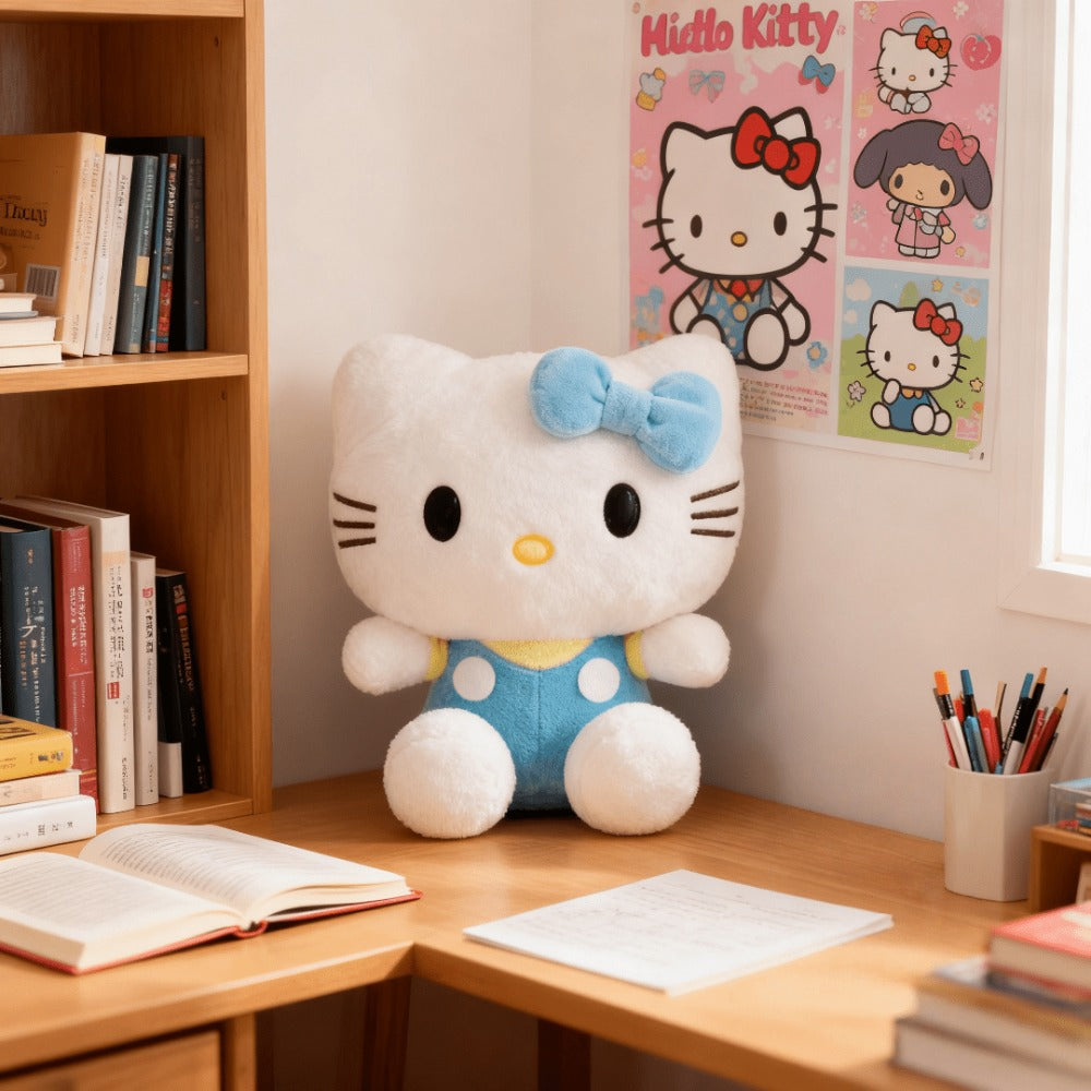 Plush Toy Bow-Wearing Cat Character Doll with Red, Pink or Blue Color Options and Soft Fabric