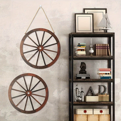 Rustic Carriage Wheel Wall Decor, Two-Piece Artificial Wood Set with Brown Grain-Look Finish and Hanging Loops