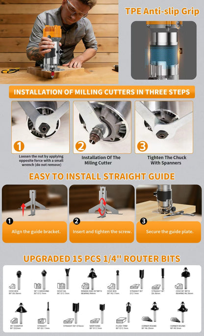 Wood Router Edge Trimmer 800W 6.1Amp Compact Hand Router Tool 35000RPM with Variable Speed, 1/4" Collet, Router Bit Set for Woodworking Slotting Carving Edge Treatment DIY Projects