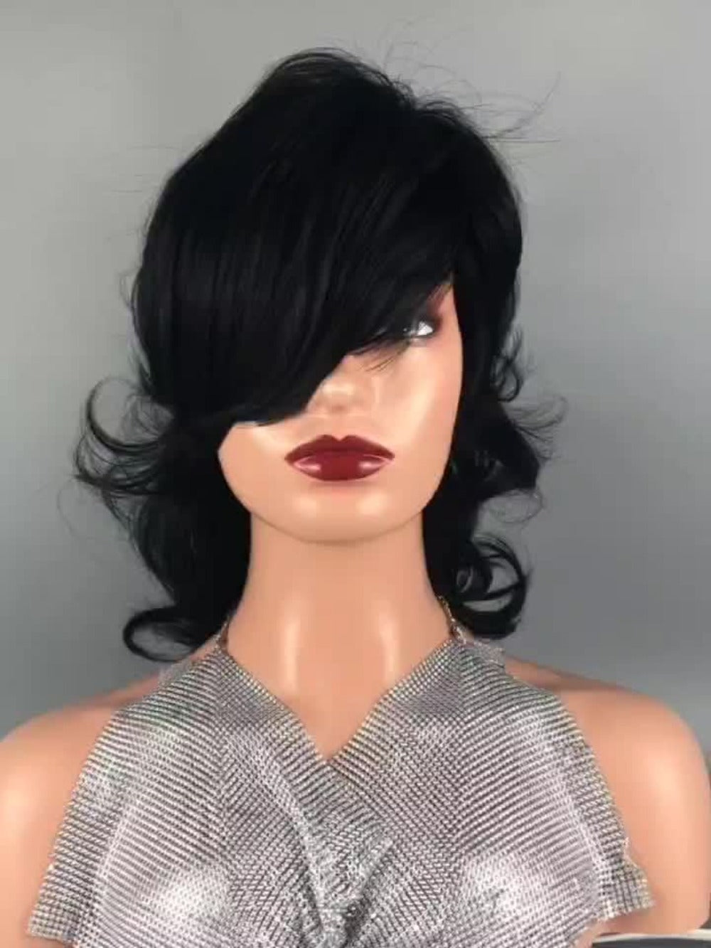 Pixie Cut Mullet Wig with Bangs Curly Wave Synthetic Hair 150% Density Rose Net Cap – Heat Resistant Short Layered Wig for Women Daily Wear Cosplay Fashion Black Burgundy 14 Inch
