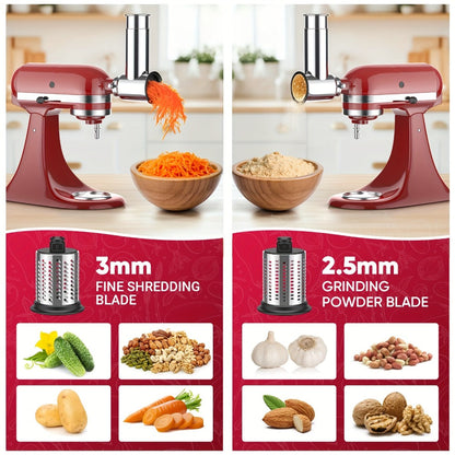 Stainless Steel Slicer Shredder Attachment for Stand Mixers with 4 Dishwasher Safe Blades – Multi-Function Vegetable Fruit Cheese Grater Salad Maker & Powder Grinder for Carrots Potatoes