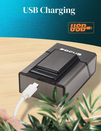 Black Pop-Up Cigarette Case with Integrated USB-Rechargeable Electric Lighter and Sliding Cover