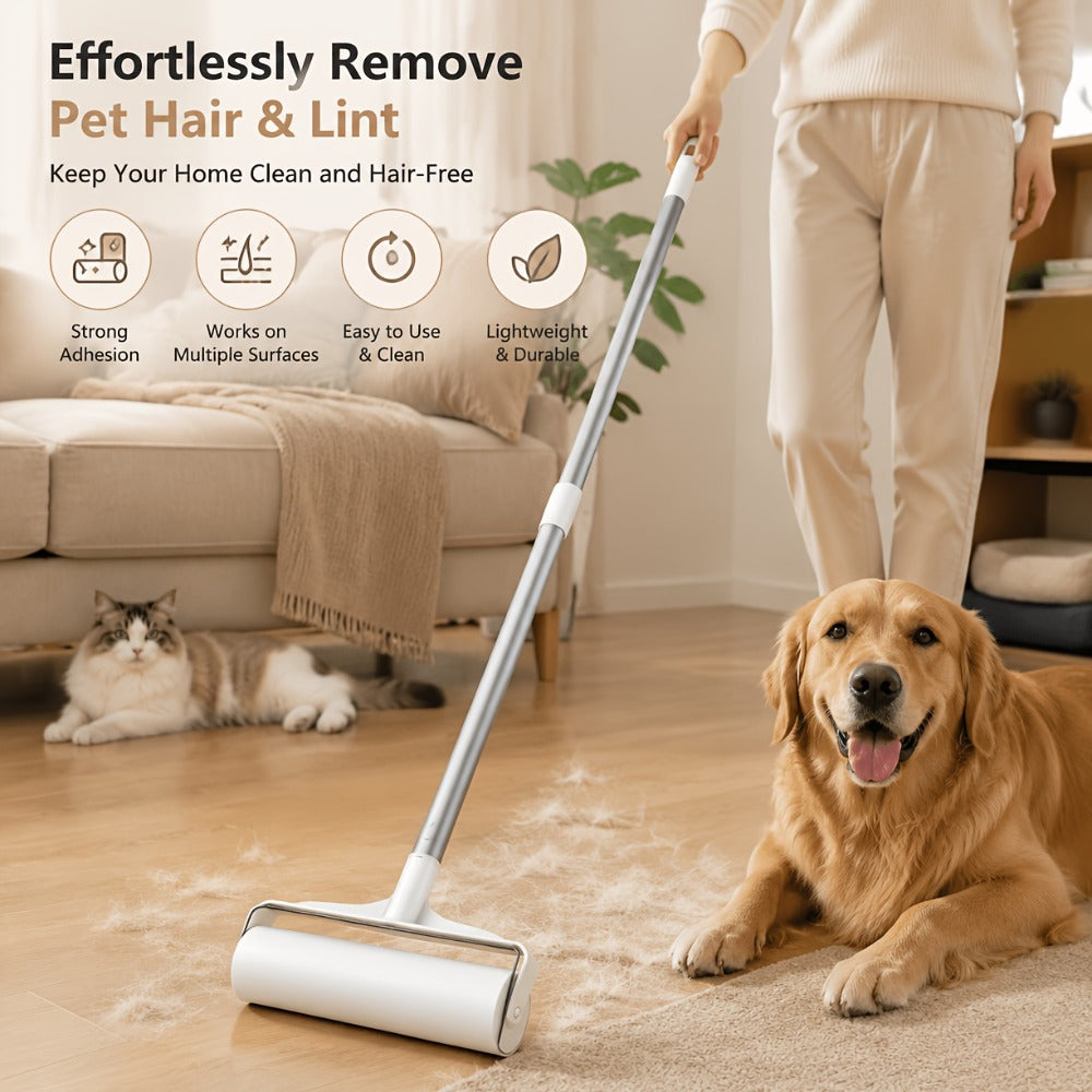 Long-Handle Pet Hair Lint Roller Set with Floor Mop Head and Three Pictured Adhesive Refill Rolls