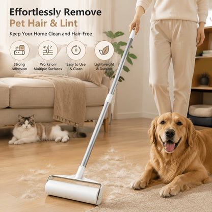 Long-Handle Pet Hair Lint Roller Set with Floor Mop Head and Three Pictured Adhesive Refill Rolls