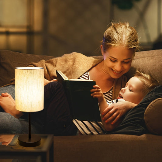 Table Lamp Set of Two with Linen Drum Shades, Cord Switches, 5W 3000K LED Bulbs and Two Color Options