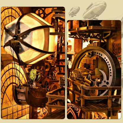 Corner Alley Wooden Book Nook Kit with 9-Inch Steampunk Street Scene, Sensor Light and YM05-Pete Option