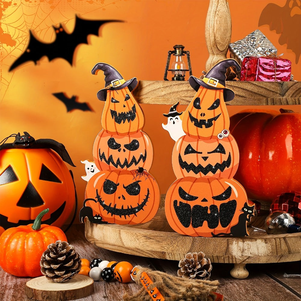 Two-Piece Halloween Pumpkin Stack Tabletop Decoration Set with Witch Hats, Ghost Accents and Glitter-Look Finish