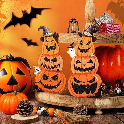 Two-Piece Halloween Pumpkin Stack Tabletop Decoration Set with Witch Hats, Ghost Accents and Glitter-Look Finish