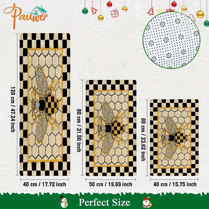 Bee Honeycomb Entryway Floor Mat with Black Check Border in Three Sizes from 15.74 x 23.62 to 17.71 x 47.24 Inches