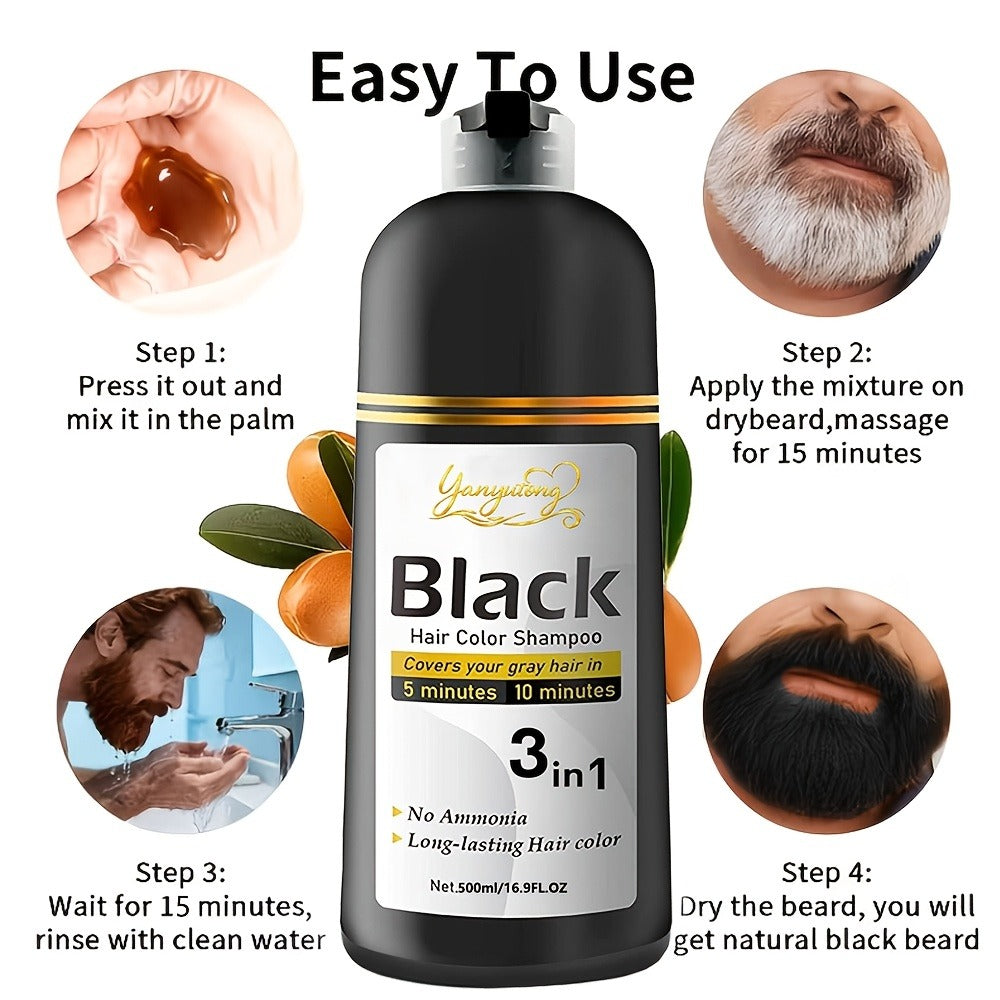 Black Hair Dye Shampoo for Men & Women 500ml — Natural Plant Pigments, Fast Gray Coverage for Hair & Beard, Gentle Scalp-Safe Formula, No Mix No Ammonia, Long-Lasting Color, 16.9 fl oz