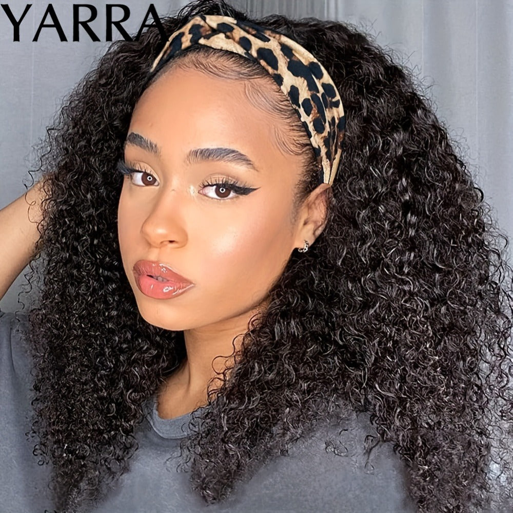 Kinky Curly Headband Human Hair Wig in Natural Color with 14-, 16- or 20-Inch Length Options