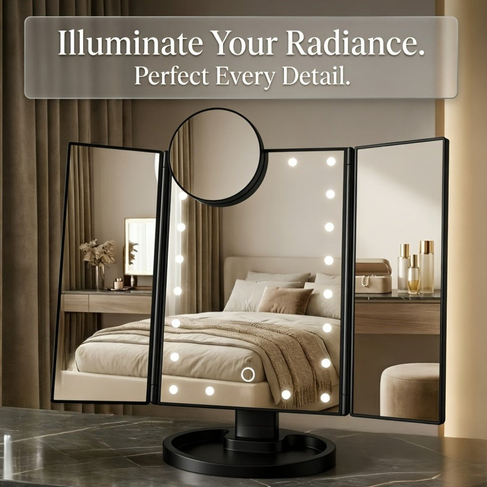 Vanity Mirror with Lights Tri-Fold 21 LED Lighted Makeup Mirror Touch Control 1X 2X 3X 10X Magnification 360 Rotation Dual Power Tabletop Trifold Mirror for Women Gift White Rose Gold