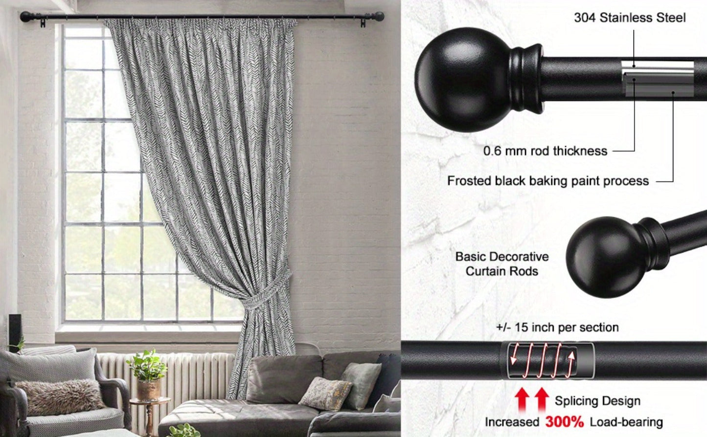 Curtain Rods 2 Pack Matte Black Adjustable 28 to 95 Inch | 5/8 Inch Stainless Steel Extra Long Window Curtain Rod Set for Living Room Bedroom Bathroom Kitchen | Multiple Sizes Available