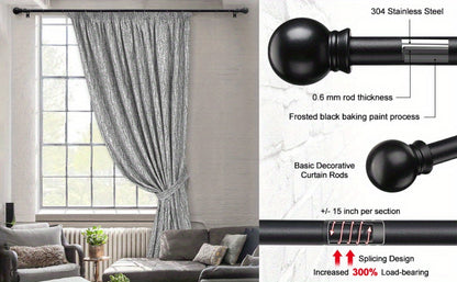 Curtain Rods 2 Pack Matte Black Adjustable 28 to 95 Inch | 5/8 Inch Stainless Steel Extra Long Window Curtain Rod Set for Living Room Bedroom Bathroom Kitchen | Multiple Sizes Available