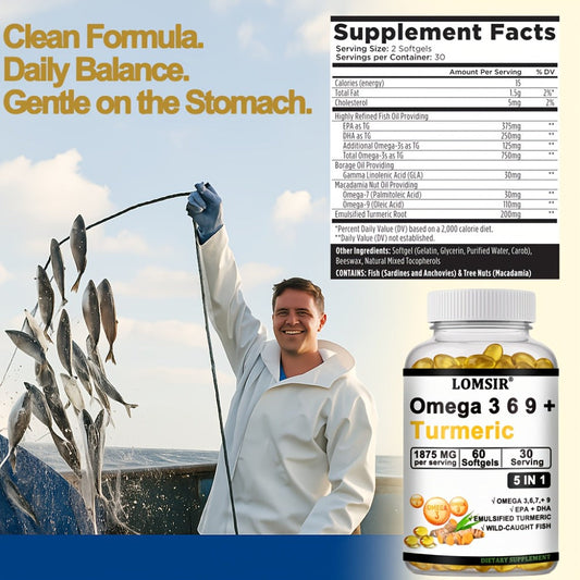 Omega 3-6-9 & Turmeric Softgels with DHA & EPA – Wild Fish Oil Blend, Emulsified Turmeric for Heart, Brain & Joint Health | 60 Softgels | ShopVora UK