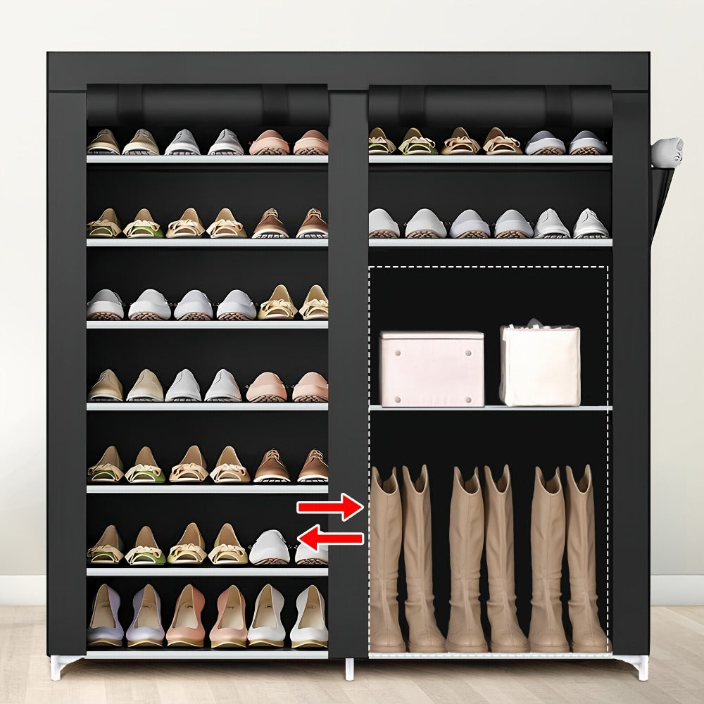 Shoe Rack 9-Tier Portable Double-Row Organizer for Up to 42 Pairs with Black Nonwoven Fabric Cover