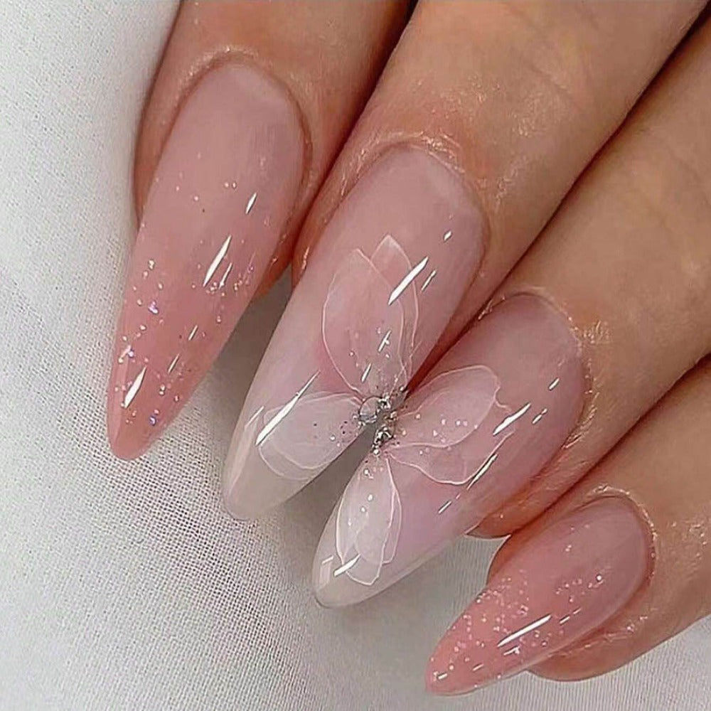 Ice Pink Almond Press On Nails 96 Pieces 4 Packs – Gradient Flower Butterfly Glossy Full Cover False Nails for Women Girls | Shiny Nail Tips Daily Wear Spring Summer Bridal Wedding Nail Art Kit