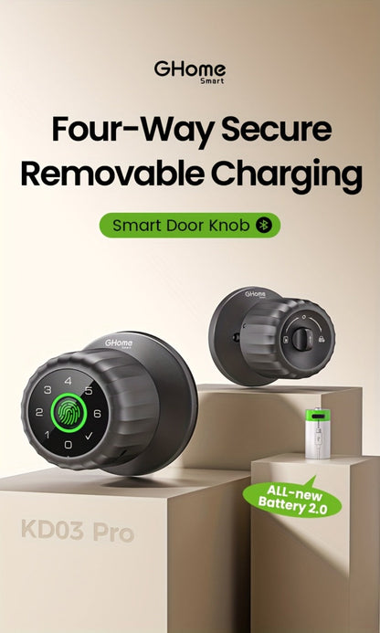GHome KD03 PRO Smart Door Knob 4-in-1 with USB-C Charging & Gateway Remote - Fingerprint, Keypad & App, Anti-Peep, Tamper Alarm, Emergency Power, Keyless Entry, Black