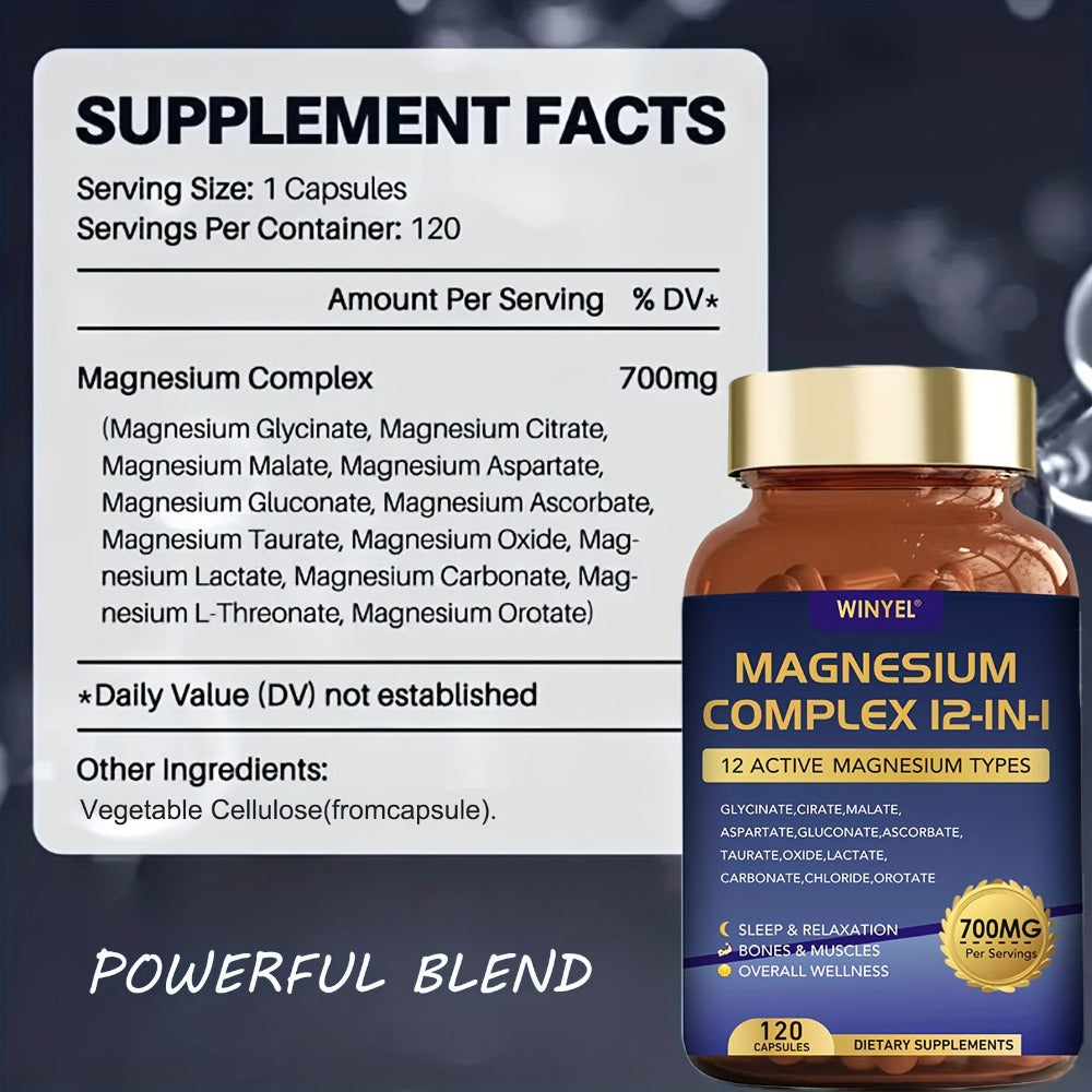 Magnesium Complex 700mg 12-in-1 120 Capsules with Glycinate, Citrate, Malate & Taurine for Sleep, Mood, Nerve, Heart & Muscle Function Support for Men & Women