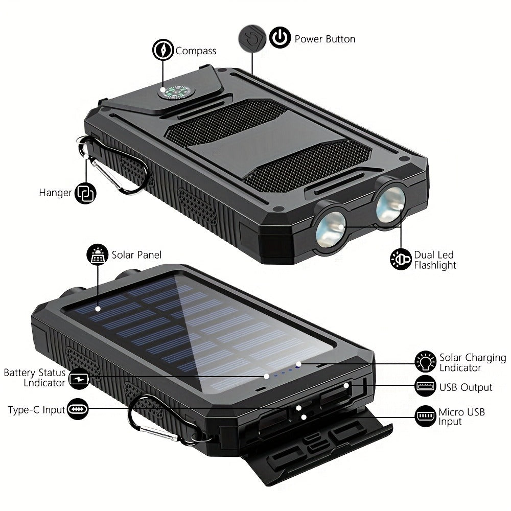Solar Power Bank, 45800mAh QC3.0 Dual-USB Charger with Solar Panel, LED Flashlight and Five Color Options