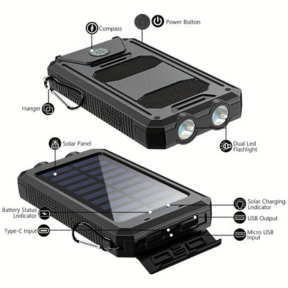 Solar Power Bank, 45800mAh QC3.0 Dual-USB Charger with Solar Panel, LED Flashlight and Five Color Options