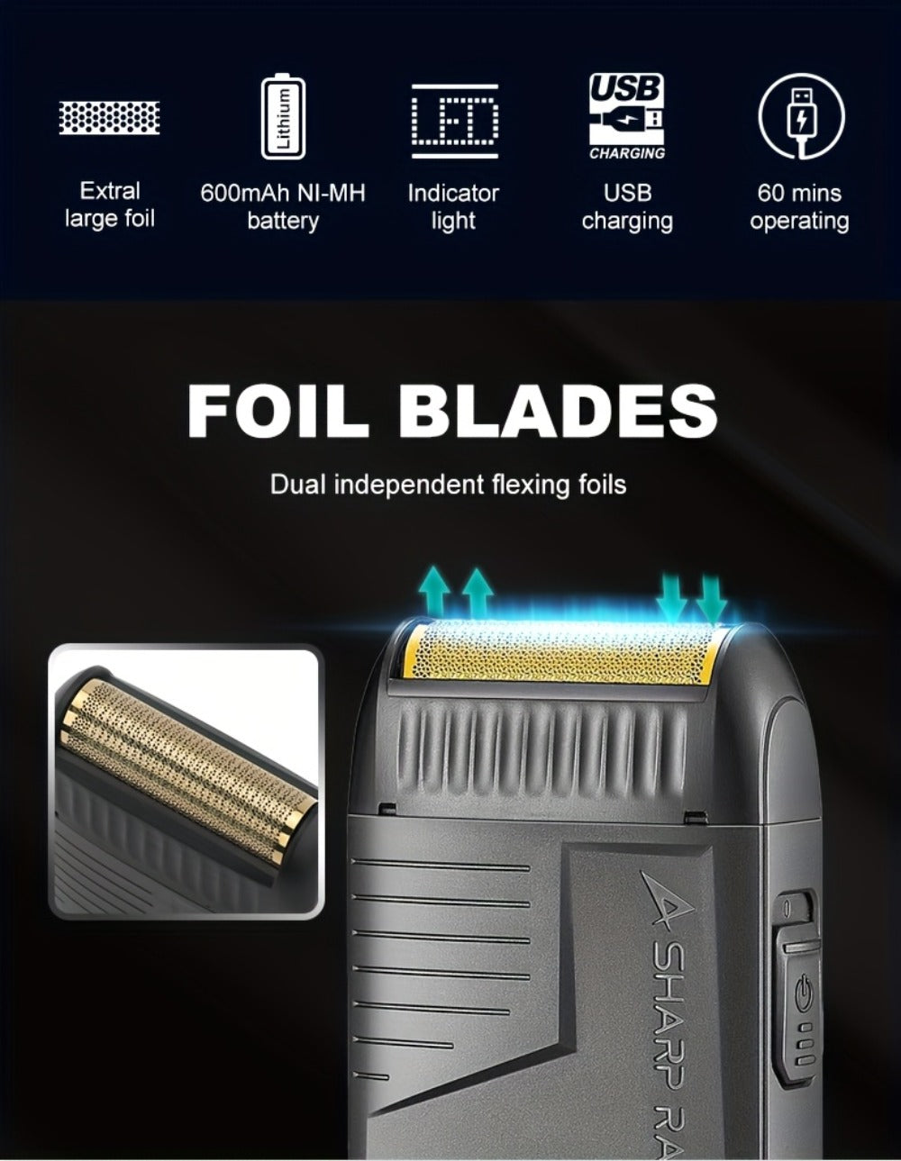 Electric Shaver VGR Cordless Foil Razor with USB Rechargeable Power in Black, Models V-363 or V-375
