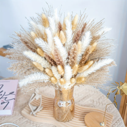 Natural Pampas Grass Decor Bouquet 105/120pcs Boho Dried Floral Arrangement - Centerpiece Table Decor for Wedding Living Room Rustic Boho Home Decoration Vase Filler