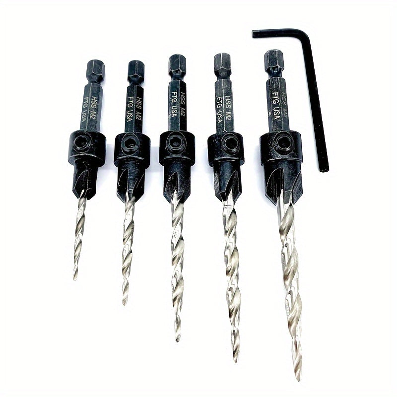 5pcs Countersink Drill Bit Set #4 #6 #8 #10 #12 Tapered with 1/4" Hex Shank Quick-Change – Adjustable Wood Counter Sinker Bits with Allen Wrench for Woodworking