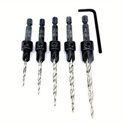 5pcs Countersink Drill Bit Set #4 #6 #8 #10 #12 Tapered with 1/4" Hex Shank Quick-Change – Adjustable Wood Counter Sinker Bits with Allen Wrench for Woodworking