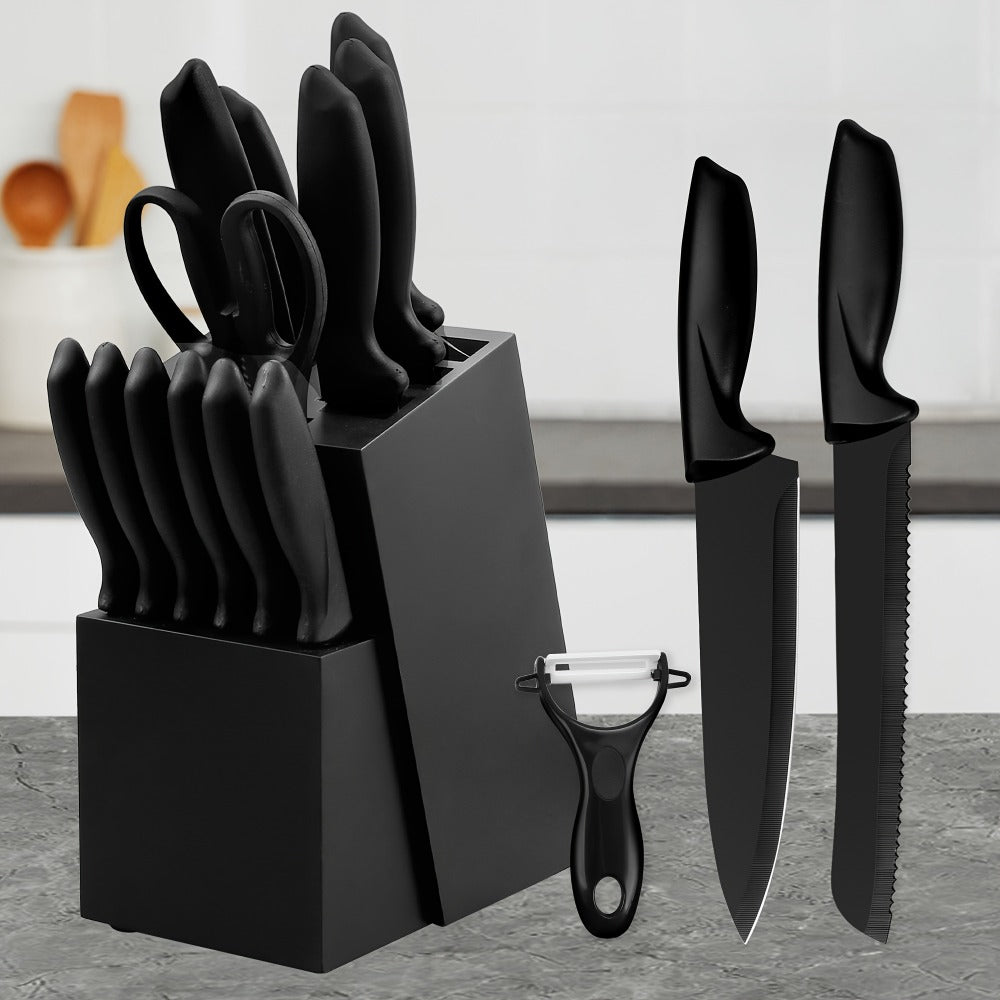 Kitchen Knife Set 15-Piece Hammered Stainless Steel with Steak Knives and Self-Sharpening Wood Block