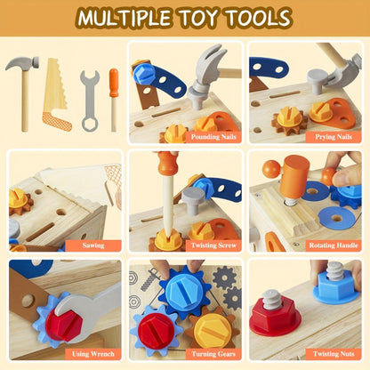 39-Piece Wooden Pretend Tool Set with Vest, Toolbox, Instruction Sheet and Six Example Builds
