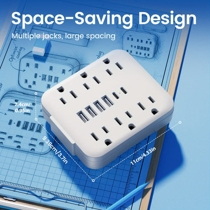 Power Strip Bedside Wall Extender 12-in-1 with 6 AC Outlets, 4 USB-A, 2 USB-C and Cord-Free Plug-In Design