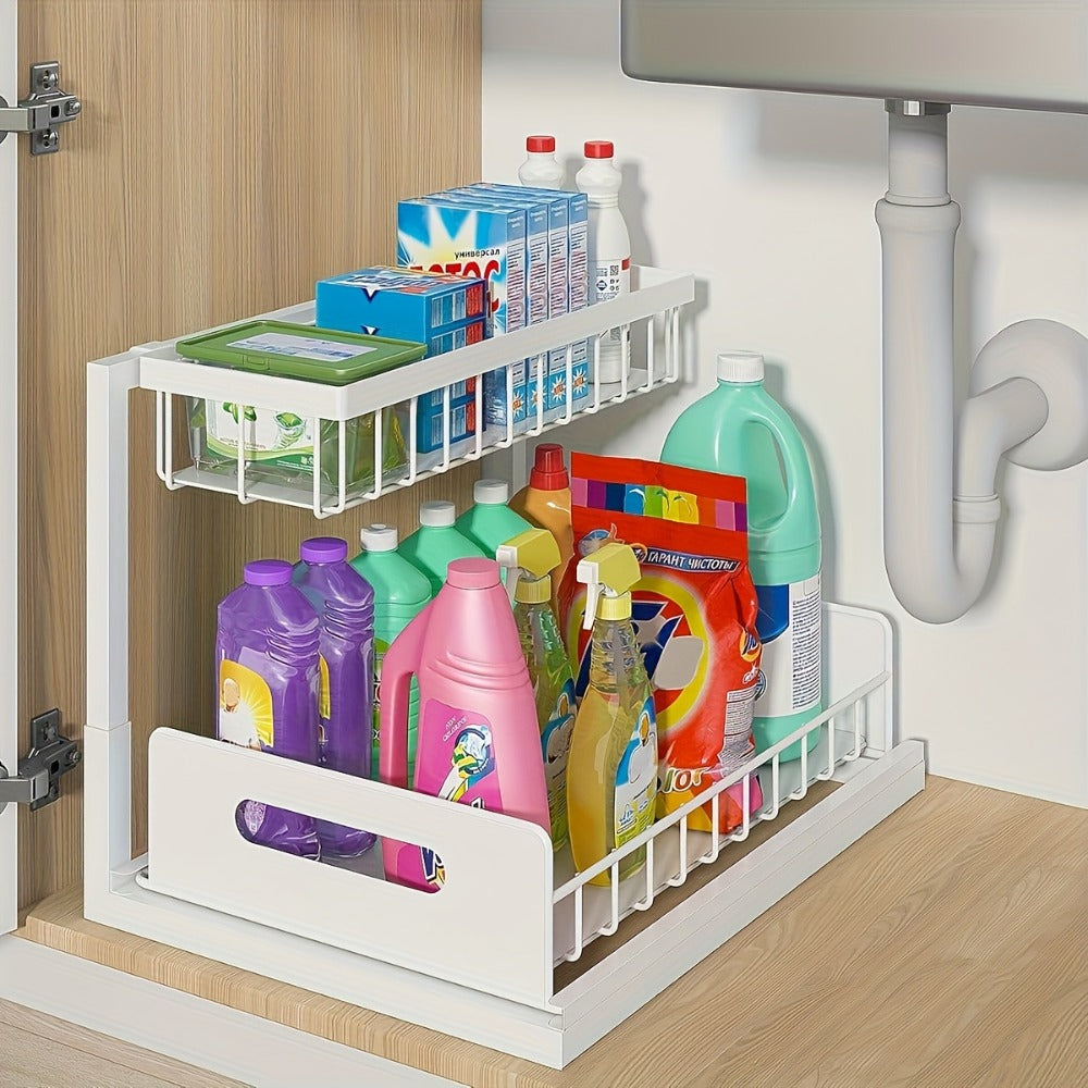 L-Shaped Sliding Drawer Organizer – Heavy-Duty Under Sink Storage Rack, Space-Saving Cabinet Organizer for Kitchen, Bathroom, Garage & Workshop, Large Capacity, Black & White