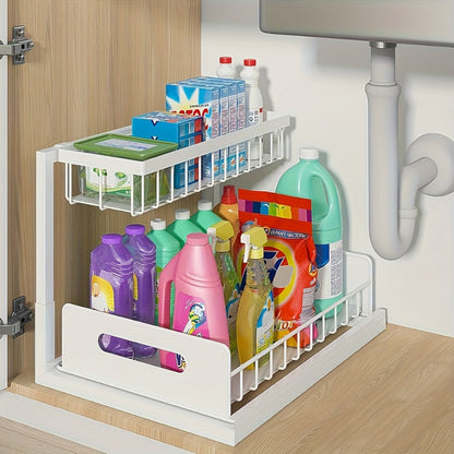 L-Shaped Sliding Drawer Organizer – Heavy-Duty Under Sink Storage Rack, Space-Saving Cabinet Organizer for Kitchen, Bathroom, Garage & Workshop, Large Capacity, Black & White