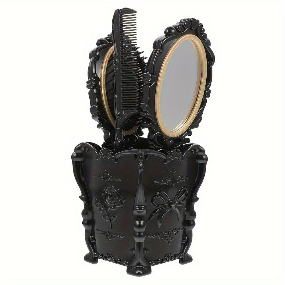 Retro Hair Comb Set with Mirror Scalp Massage Hairbrush Pocket Mirror Vintage Vanity Brush Set for Women Girls Travel Daily Grooming Makeup Gift Black