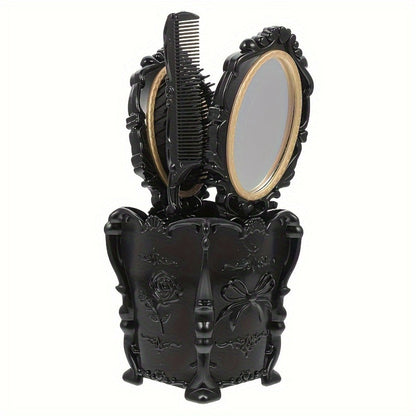 Retro Hair Comb Set with Mirror Scalp Massage Hairbrush Pocket Mirror Vintage Vanity Brush Set for Women Girls Travel Daily Grooming Makeup Gift Black