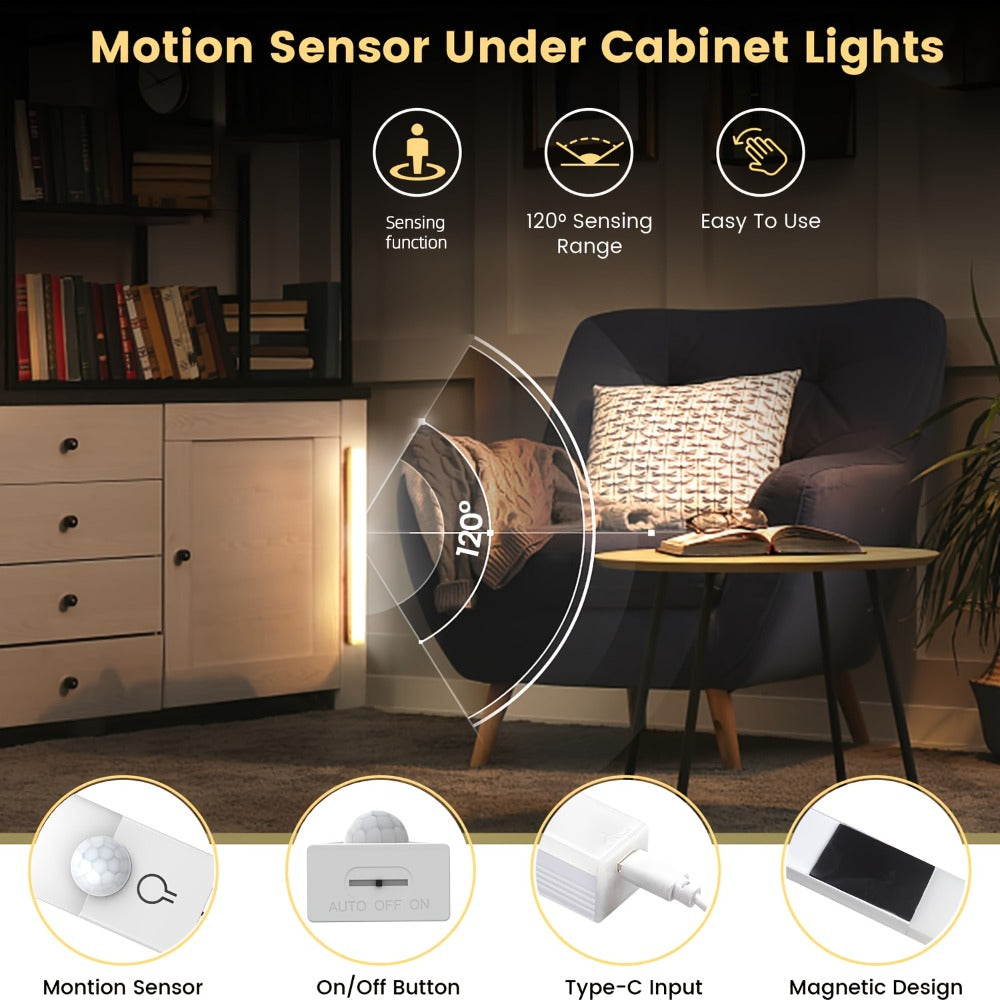 Three-Pack Motion Sensor Cabinet Lights with USB-C Charging, Three Light Colors and 7.87- or 11.81-Inch Options