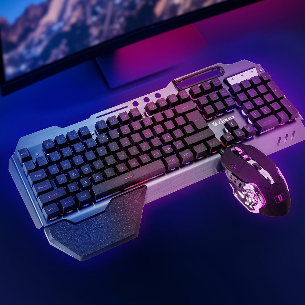 RGB Gaming Keyboard and Mouse Combo with Wrist Rest 16 Backlight Effects Mechanical Feel Aluminum Panel 26-Key Anti-Ghosting 3200DPI Mouse Phone Holder PC Desktop Windows Black