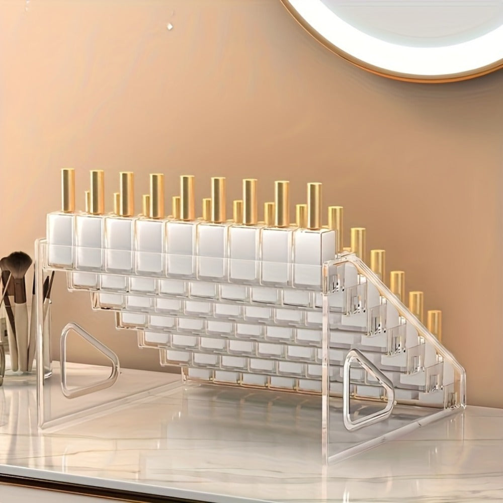 Four-Tier Transparent Nail Polish Organizer with Stepped Rows, Side Panels and Countertop Display Design