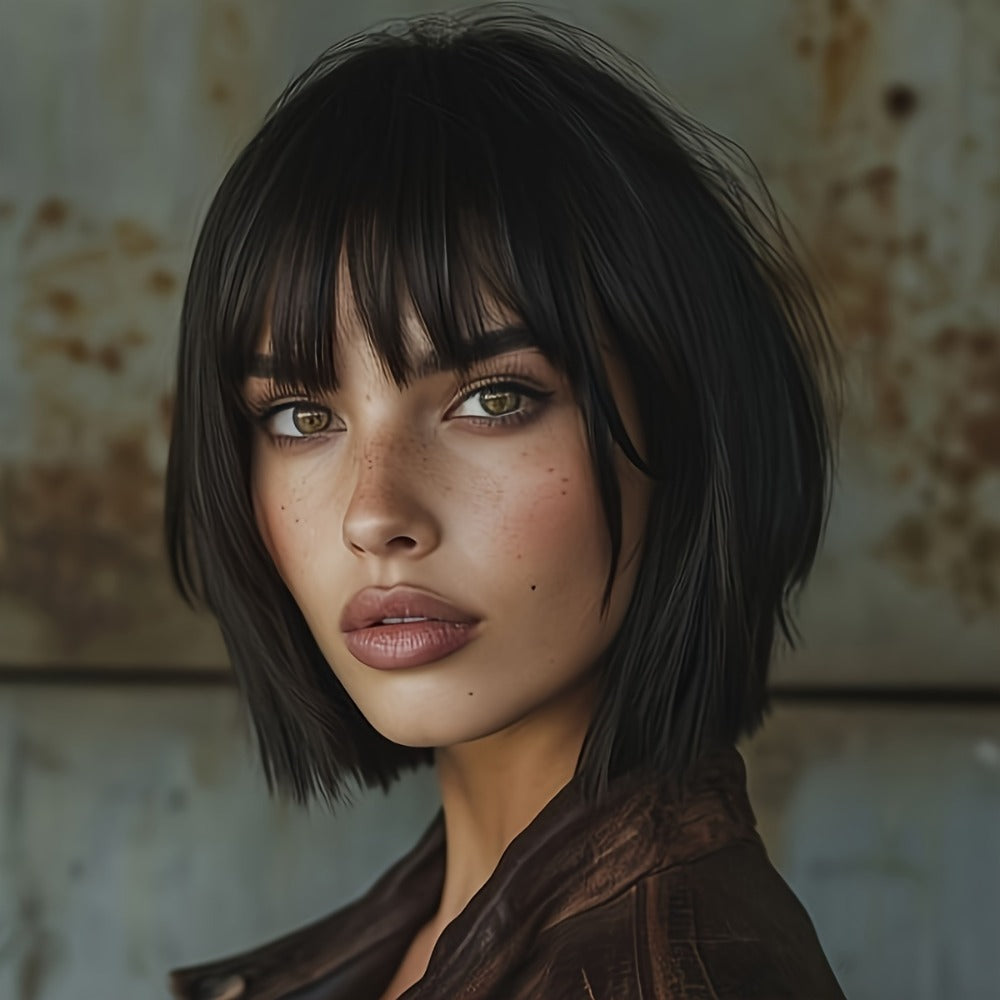 Synthetic Wig 12-Inch Straight Bob with Bangs and Rose Net Cap in Four Color Finishes for Daily Style