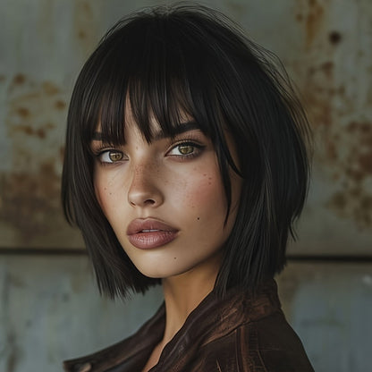 Synthetic Wig 12-Inch Straight Bob with Bangs and Rose Net Cap in Four Color Finishes for Daily Style