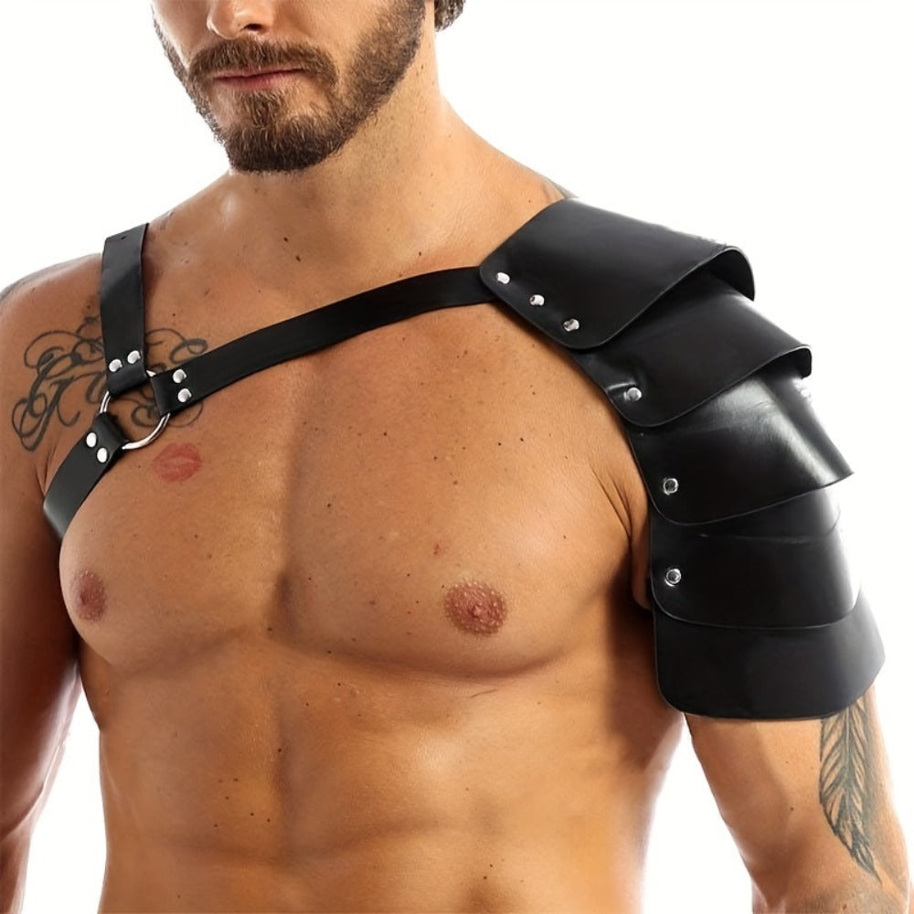 PU Leather Shoulder Armor Warrior Costume Prop with Belt for Men, Single Pauldron Medieval Knight Armor Dress Up Accessory for Halloween Cosplay LARP Renaissance Faire, Black