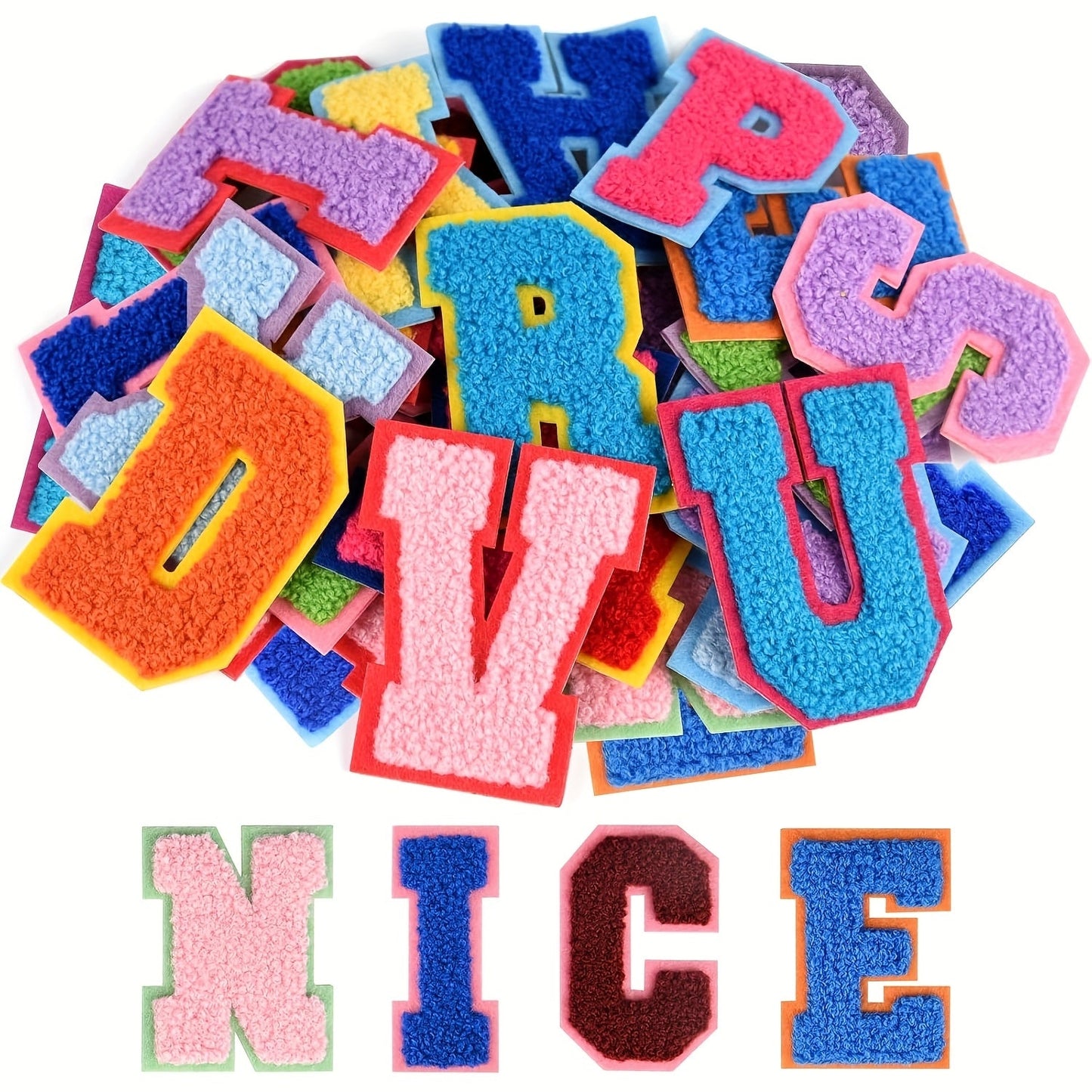 Chenille Alphabet Letter Patch Set, 26 Self-Adhesive A-Z Appliques in Five Exact Checkout Colors
