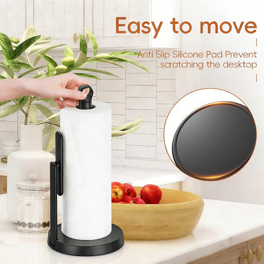 Paper Towel Holder Countertop - Stainless Steel Standing Dispenser with Tension Arm for One-Handed Tear
