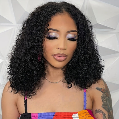 Lace Front Wig Deep-Wave Human Hair, 14-Inch Natural Black with 250% Density and Pre-Cut Buckle Cap