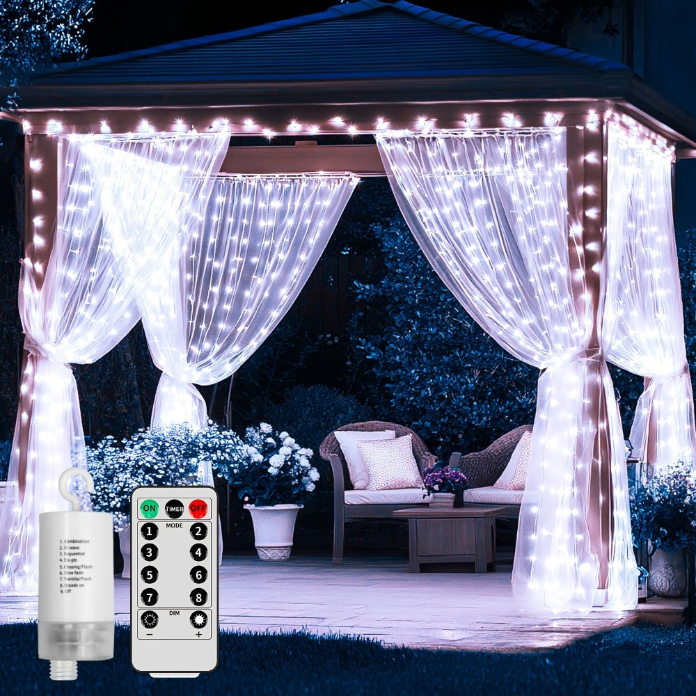 String Lights, 330-LED Waterfall Curtain Panel with Battery Power, Remote, Eight Modes and Three Colors