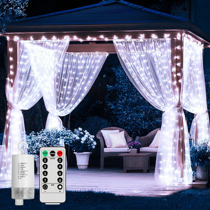 String Lights, 330-LED Waterfall Curtain Panel with Battery Power, Remote, Eight Modes and Three Colors
