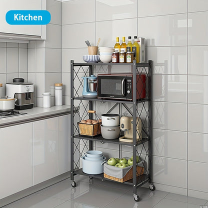 Foldable Storage Rack with Lockable Wheels 3 4 5 Tier Carbon Steel No Assembly Space Saving Floor Standing Shelf for Bedroom Balcony Garden